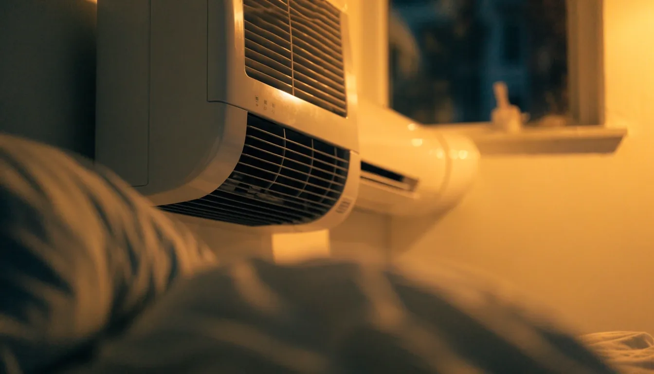 Aire acondicionado split inverter de 3200W montado en la pared de un ambiente doméstico en penumbra