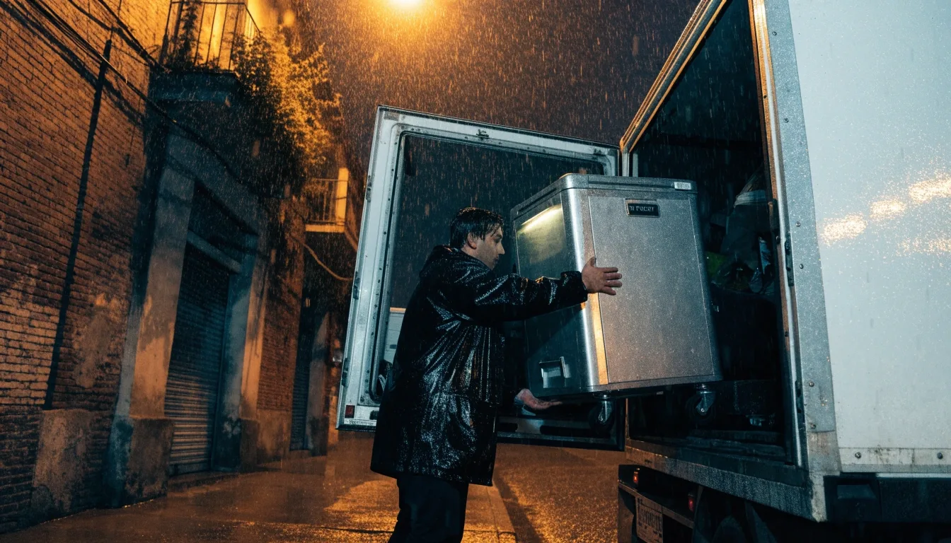 Vitrina de electrodomésticos iluminada durante la noche con lluvia sobre el vidrio