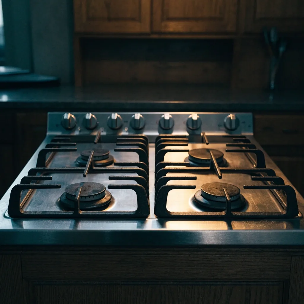 Cocina a gas de cuatro hornallas de acero inoxidable vista de frente