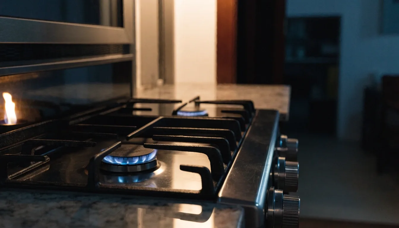 Cocina de un departamento porteño de noche con una cocina a gas de cuatro hornallas y un quemador encendido