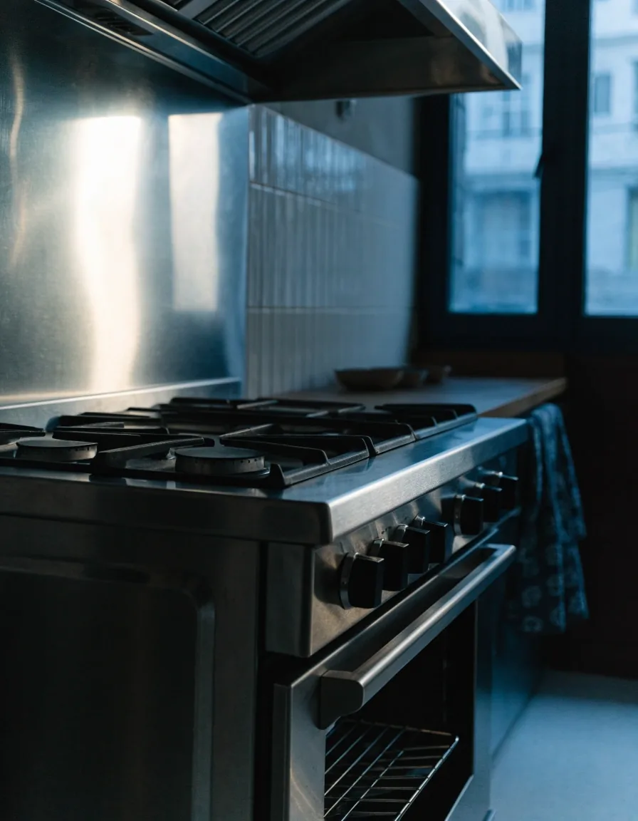 Cocina porteña al amanecer con la cocina a gas de cuatro hornallas y el horno entreabierto