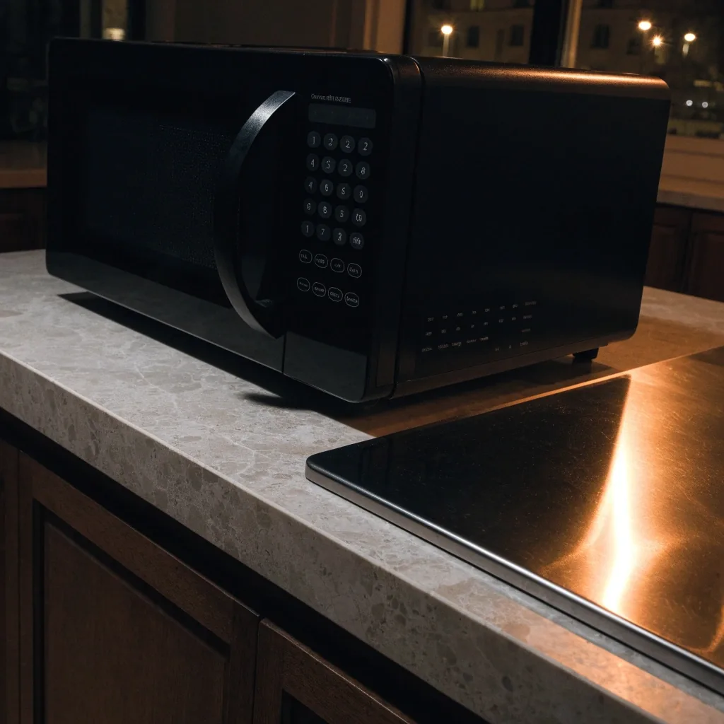 Microondas Digital 28 L sobre una mesada de cocina al atrás