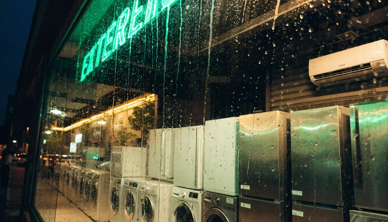 Vitrina nocturna de electrodomésticos vista a través del vidrio con lluvia