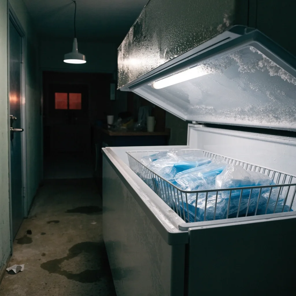 Freezer horizontal sobre piso de taller, cordón enrollado al costado