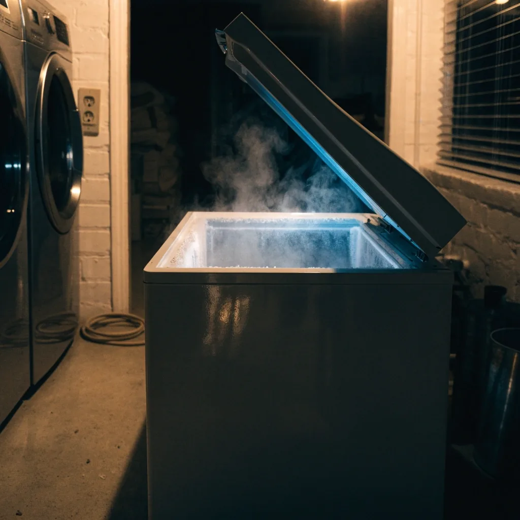 Freezer horizontal con la tapa abierta en un lavadero de noche, niebla fría saliendo del interior