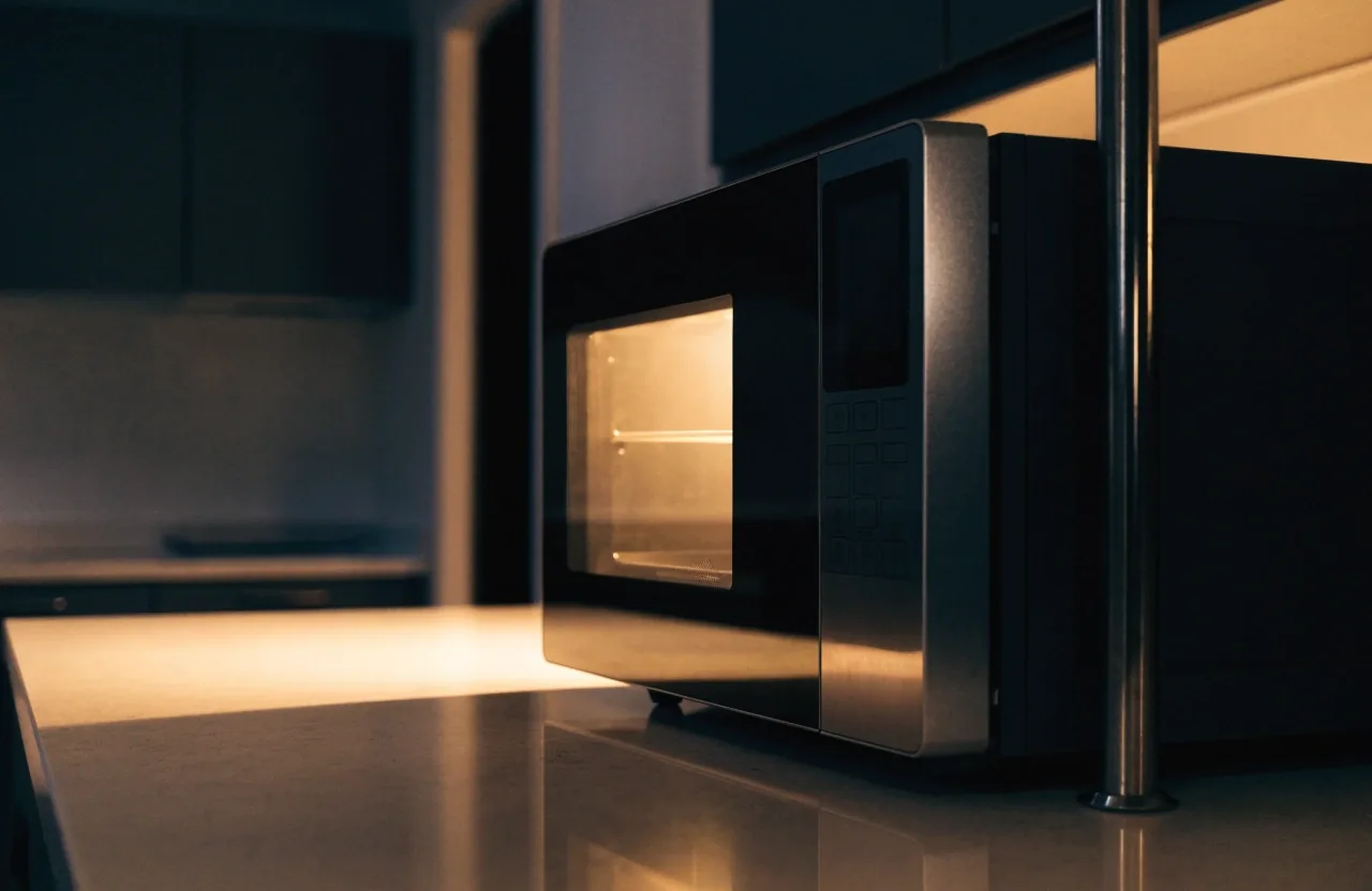 Microondas digital de 28 L sobre la mesada de una cocina de noche