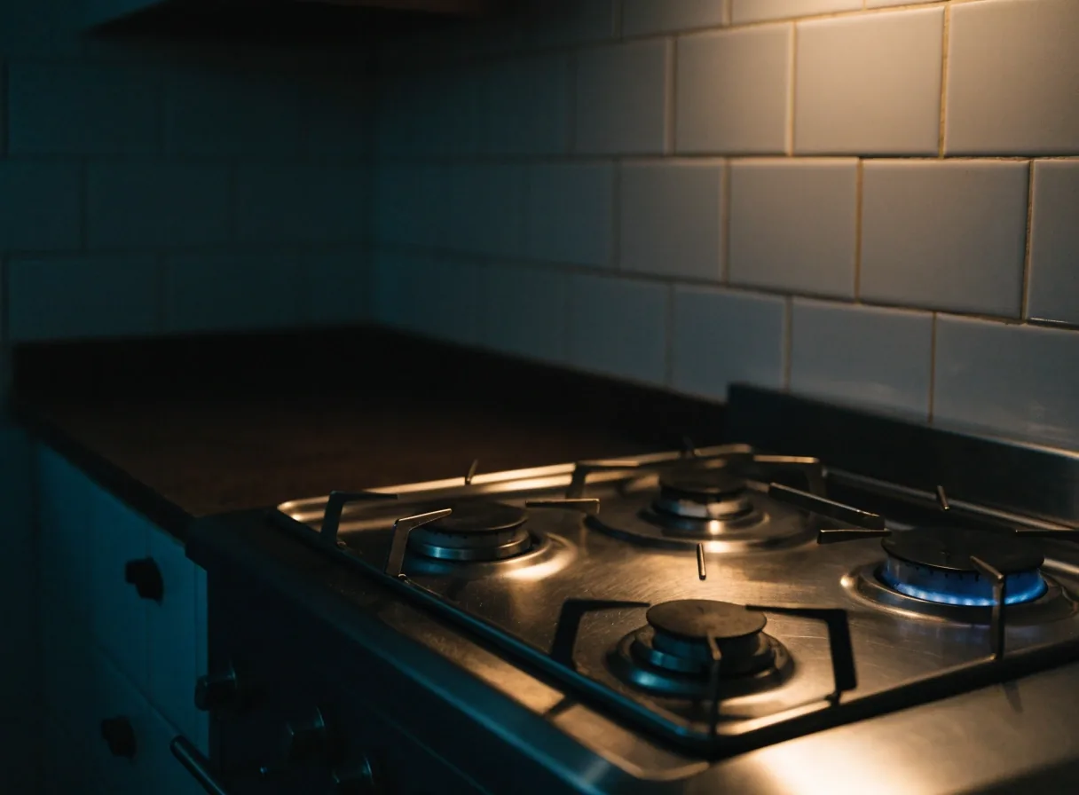 Cocina a gas de cuatro hornallas en una cocina porteña de noche