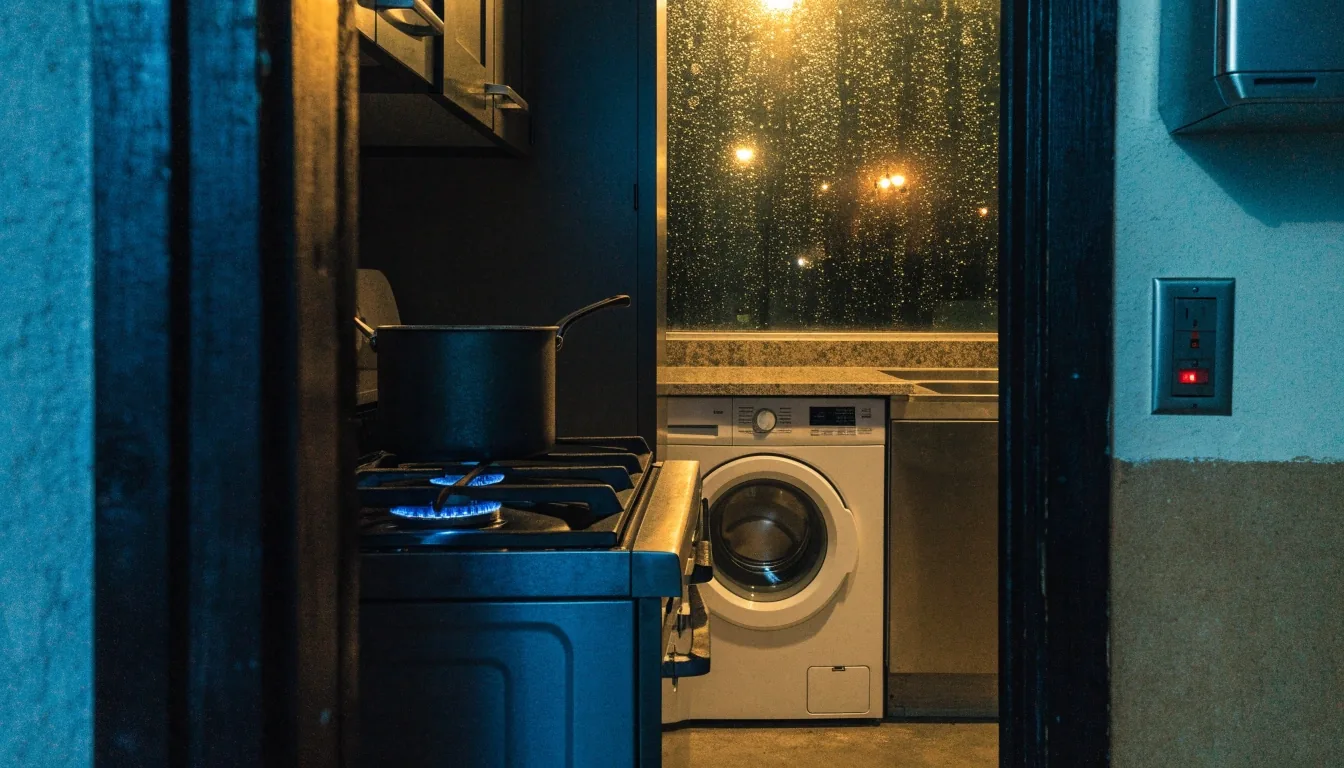 Cocina argentina de noche con cocina encendida, lavarropas bajo mesada y split en la pared