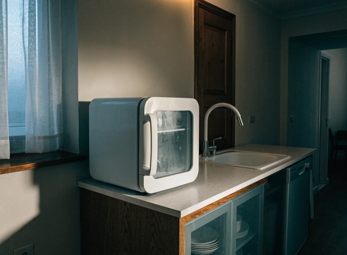 Heladera compacta bajo mesada en un rincón de cocina de noche