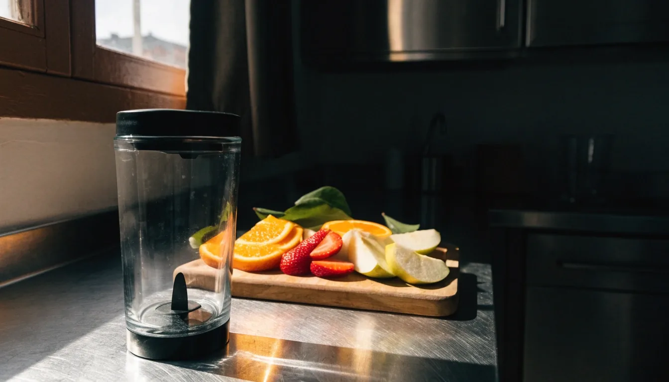 Licuadora de vaso de vidrio con fruta fresca sobre la mesada