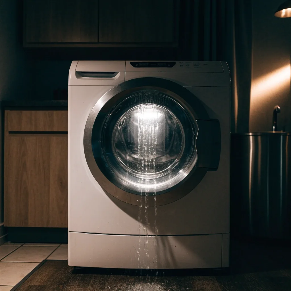 Lavarropas inverter de carga frontal sobre el piso del taller, con luz ámbar cayendo desde arriba