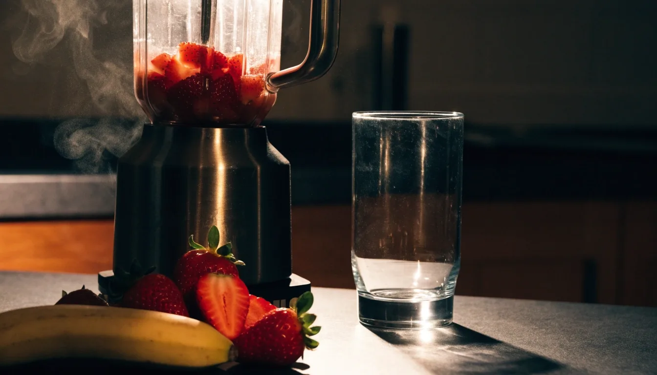 Batido de frutas y yogur girando dentro de la jarra de vidrio de la licuadora