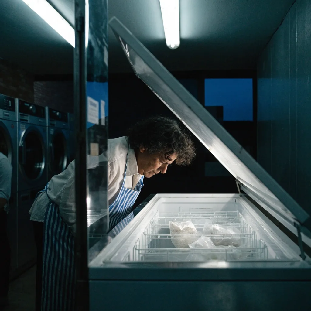 Freezer horizontal blanco en un lavadero en penumbra con la tapa entreabierta