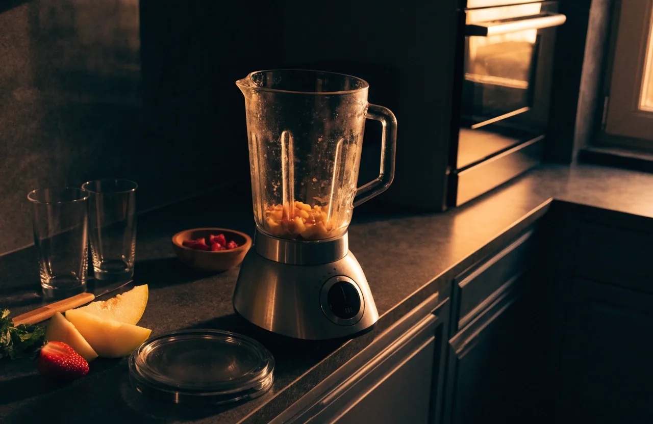 Licuadora de vaso sobre una mesada de cocina a la noche, con luz cálida entrando por la ventana
