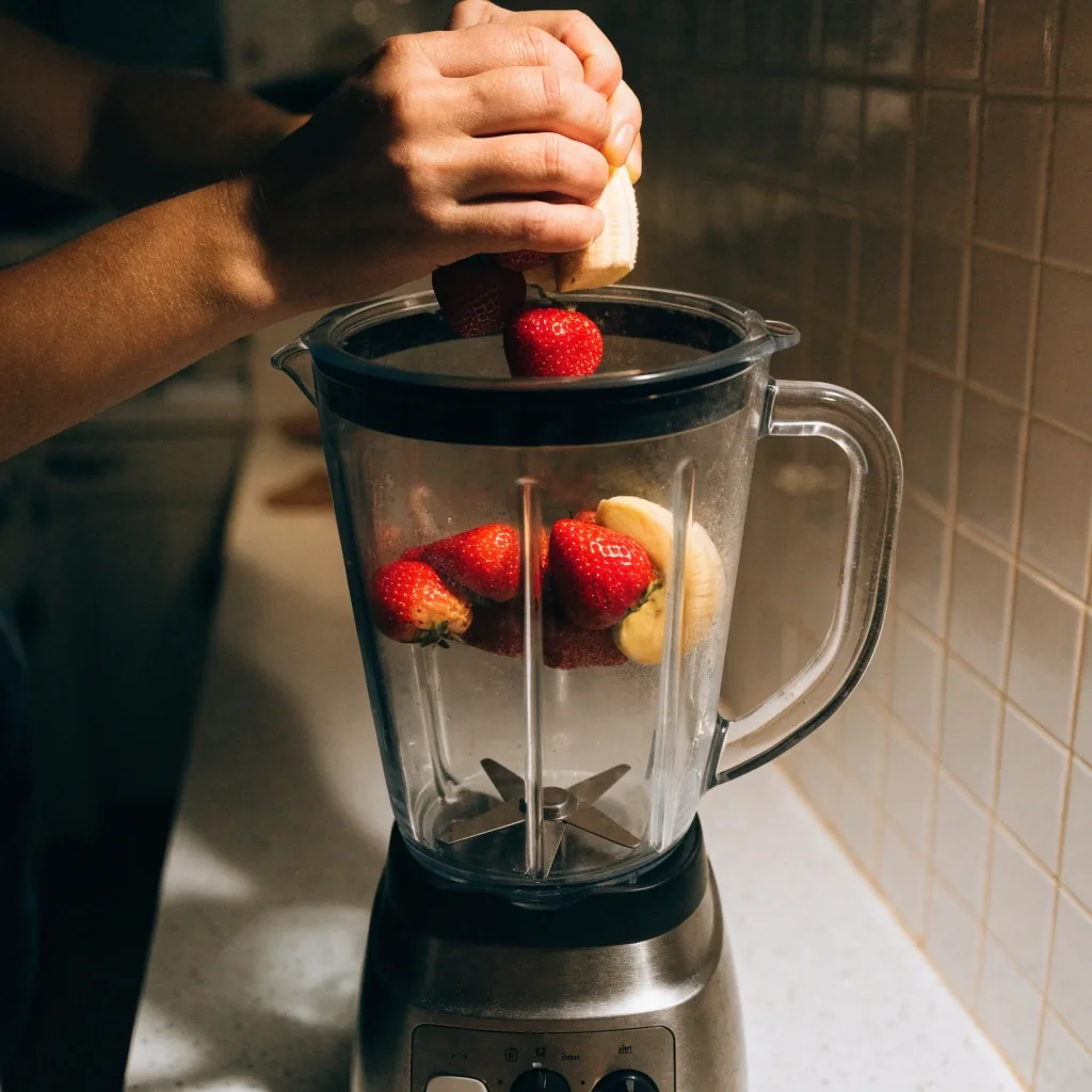Licuadora de vaso de 1000 W sobre la mesada con fruta fresca