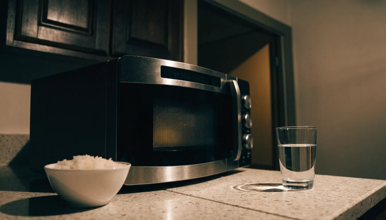 Microondas digital de 28 litros sobre la mesada de una cocina argentina de noche