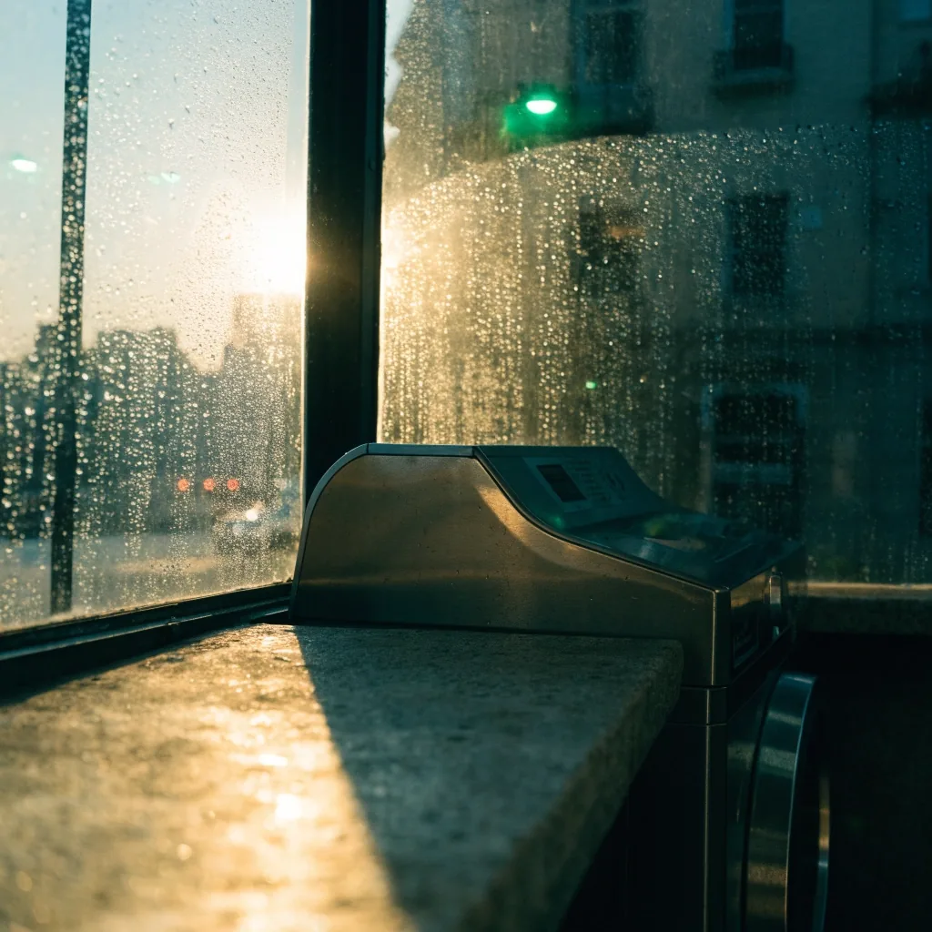 Lavadero porteño al amanecer con un lavarropas de acero contra la ventana y reflejo de luz de calle sobre el vidrio mojado