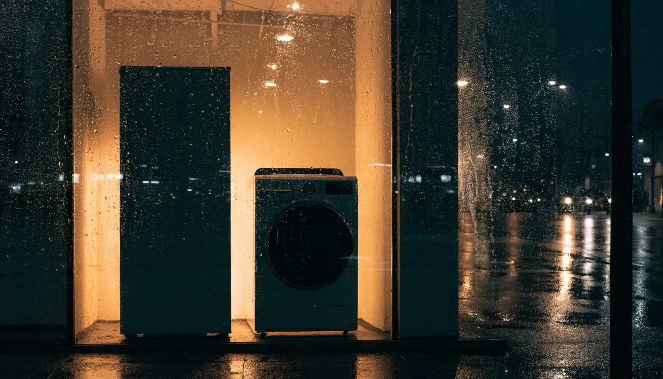 Vitrina de electrodomésticos DewPatch de noche, con heladeras y lavarropas detrás del vidrio mojado por la lluvia