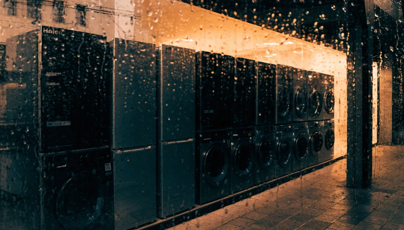 Vitrina de electrodomésticos de noche con la calle mojada reflejando luz de sodio