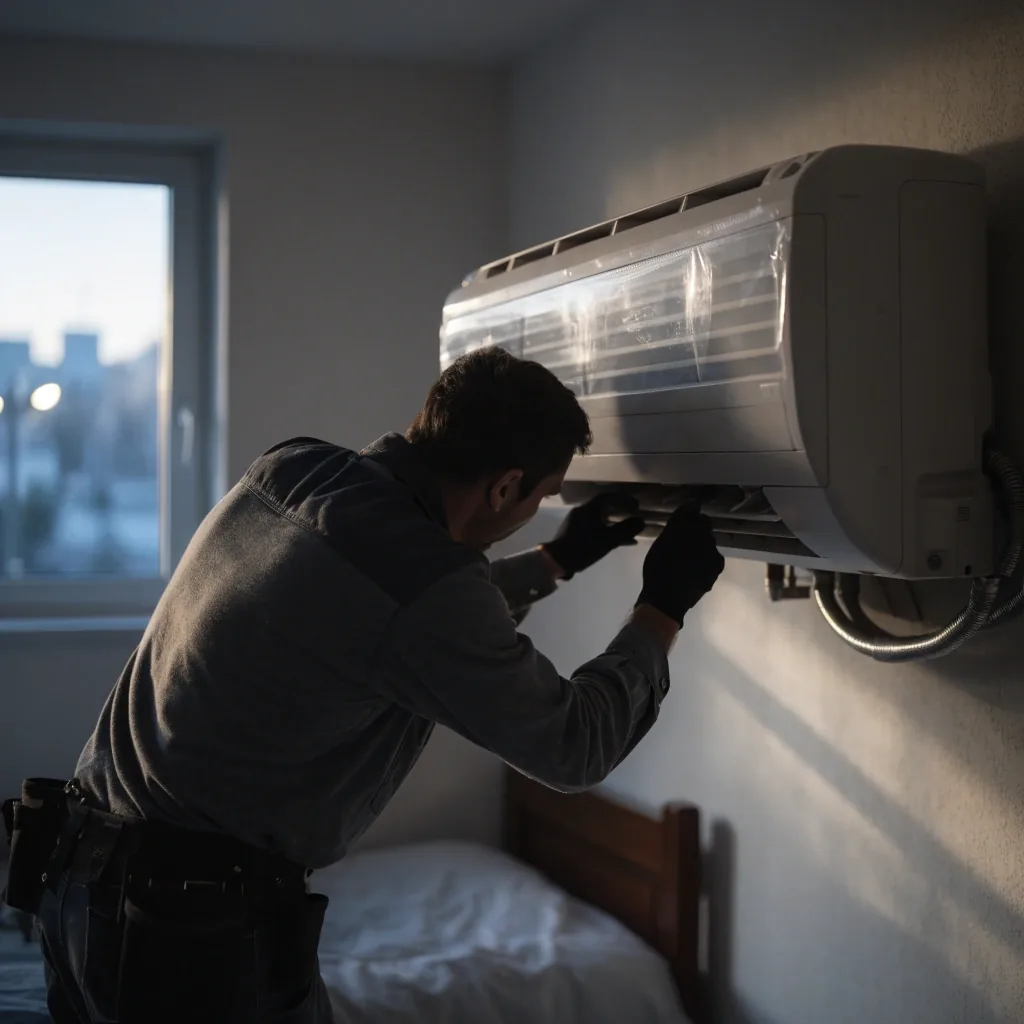 Aire acondicionado split inverter montado sobre una pared en penumbra