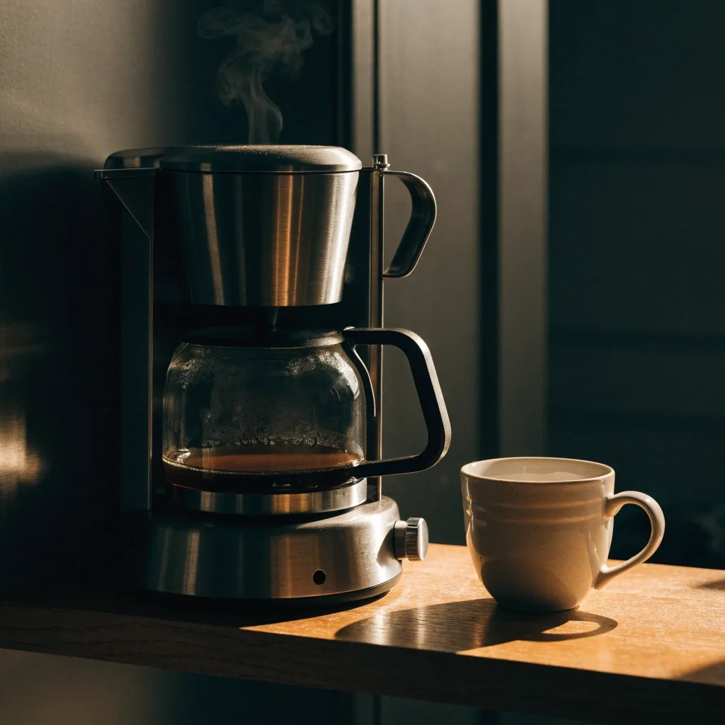 Cafetera de goteo con jarra de vidrio en una repisa