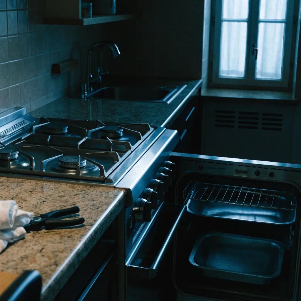 Cocina de cuatro hornallas en acero en una cocina de noche
