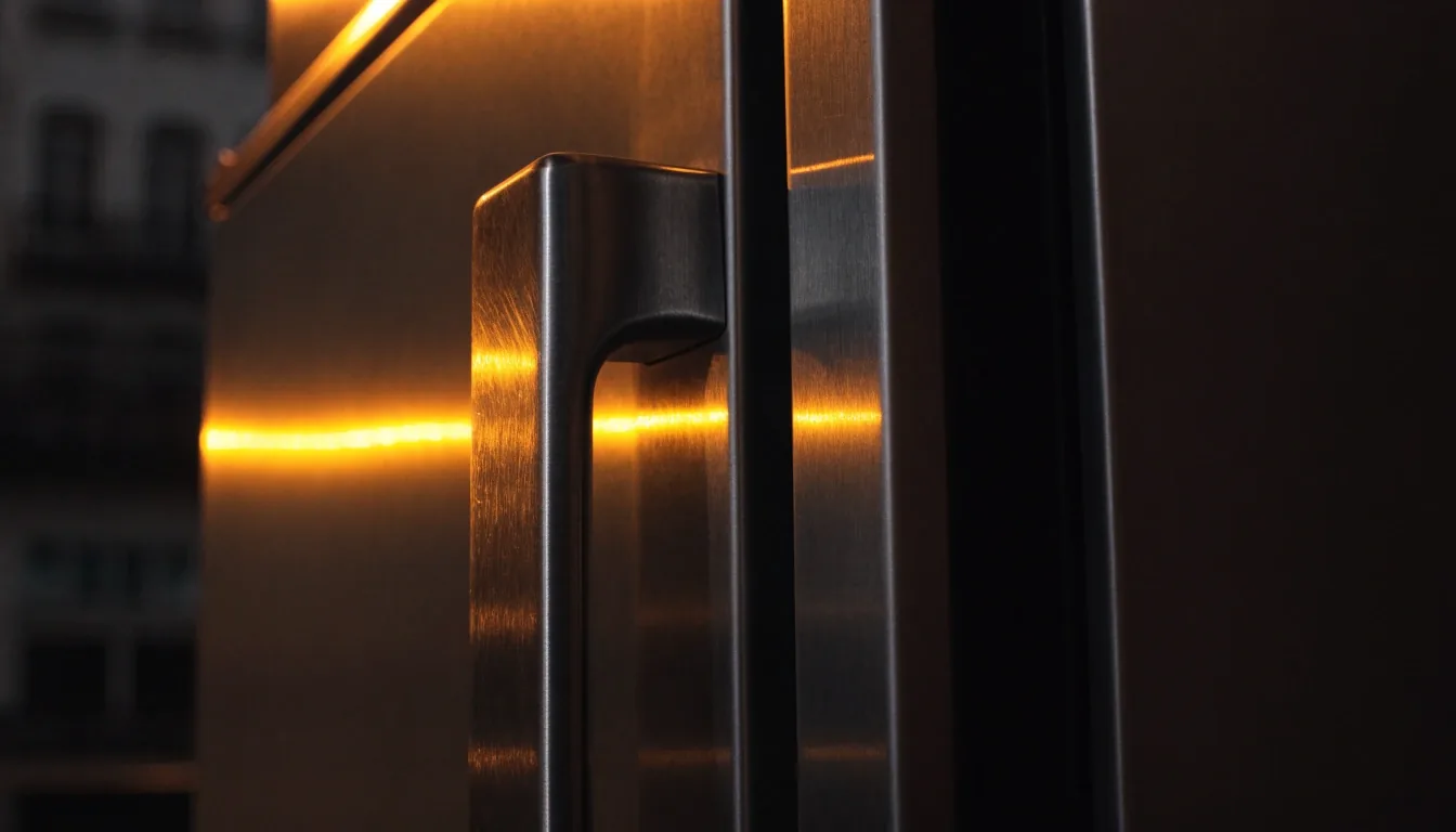 Detalle del tirador de acero de una heladera con luz lateral