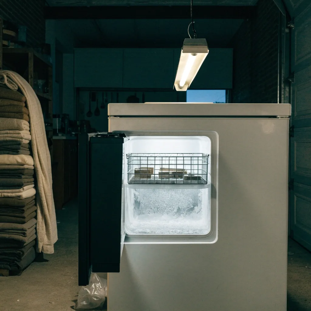 Freezer horizontal blanco en un garaje con luz de tubo