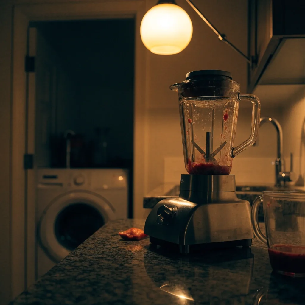 Licuadora de vaso sobre una mesada de cocina con fruta fresca