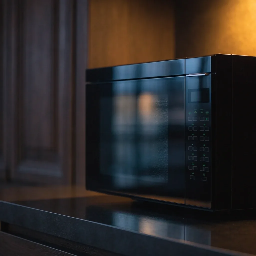 Microondas digital sobre una mesada de cocina oscura